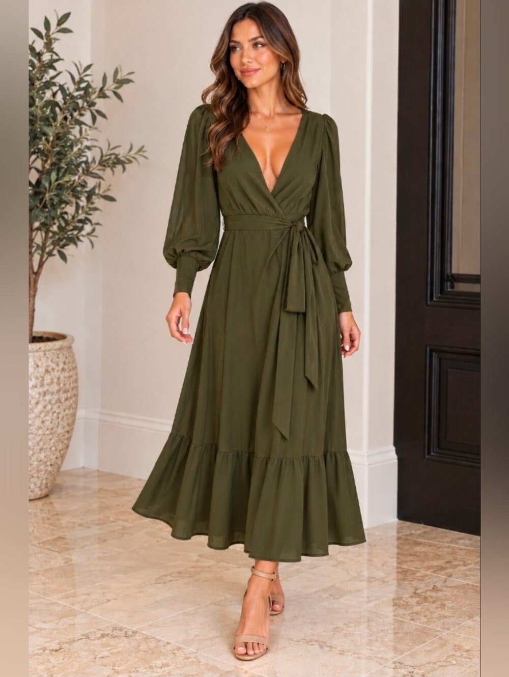Banana Republic Olive Green Maxi Wrap Dress with Tie Waist